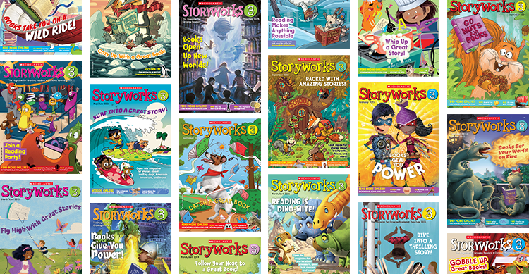 Collage of colorful Storyworks 3 magazine covers with illustrated reading themes