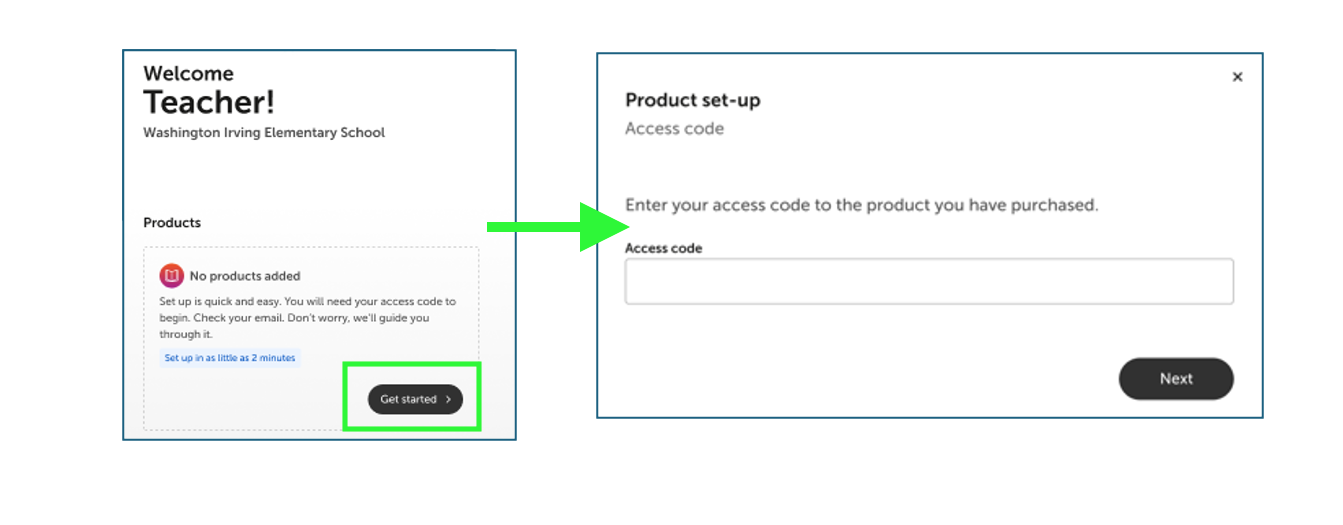 Two screens show a teacher welcome page with a Get Started button leading to a product set-up access code entry form