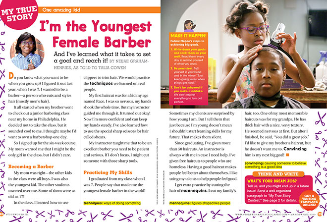 magazine spread for I'm the youngest female barber
