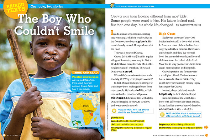 magazine spread for The Boy Who Couldnt Smile