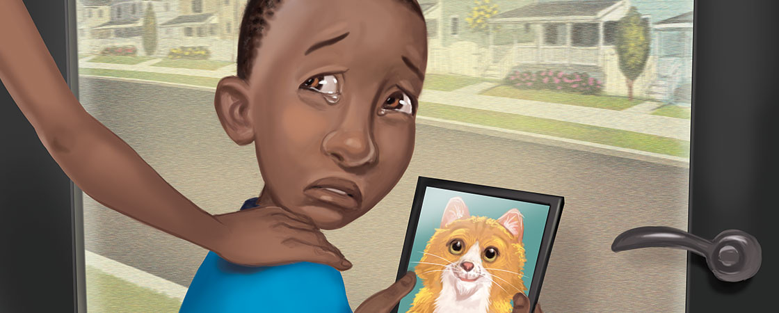 illustration of a boy with tears in his eyes looking at a picture of his missing cat