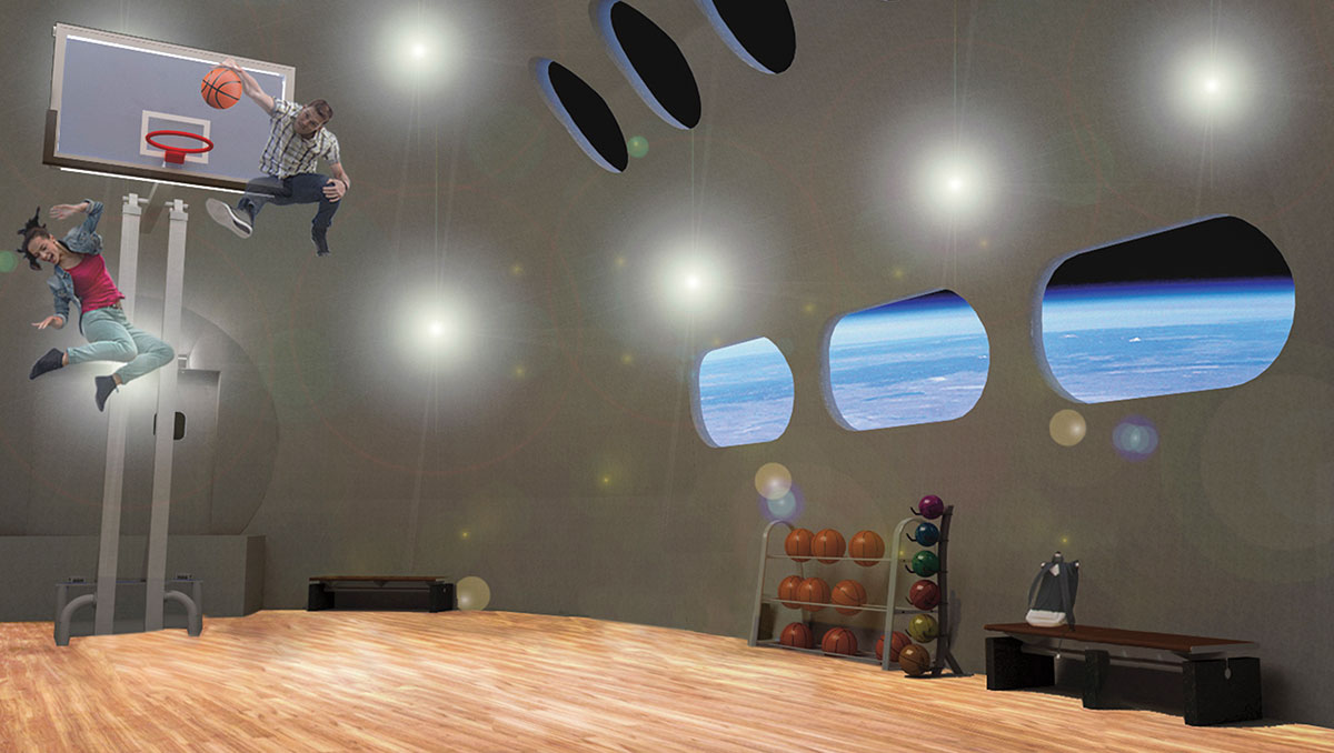 People floating in the air as they play basketball