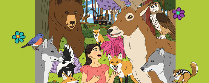 An illustration of a girl surrounded by animals friends