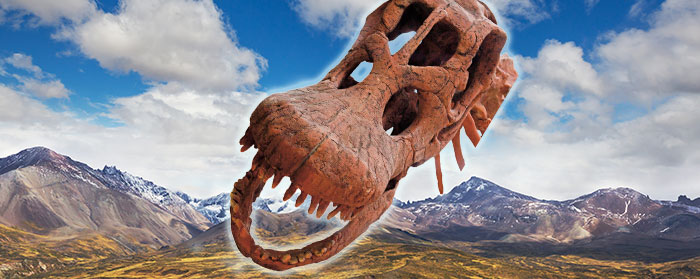 a dinosaur skull in front of mountains