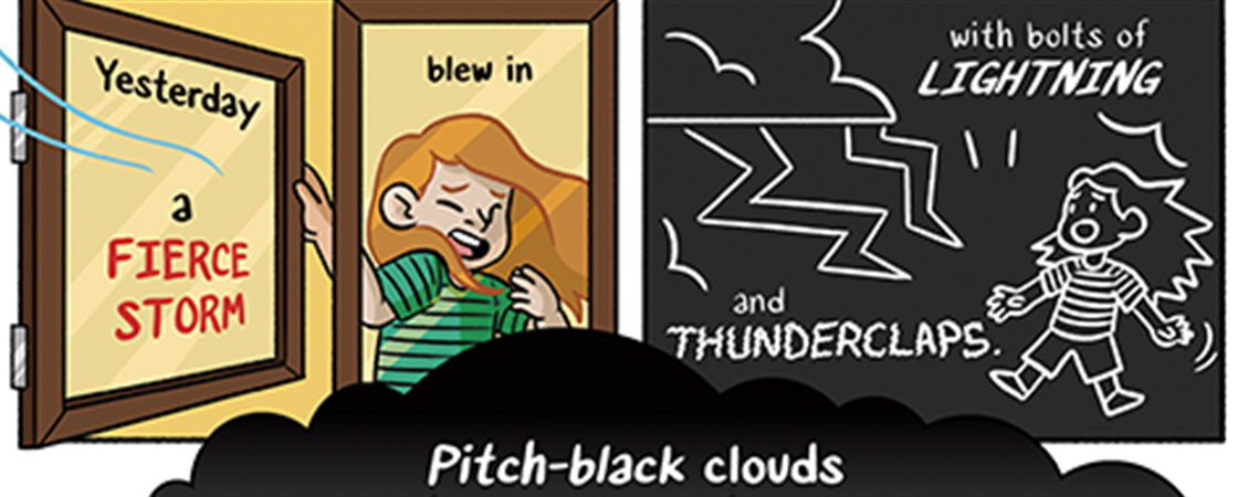 Poem with illustrations of a girl reacting to a storm.