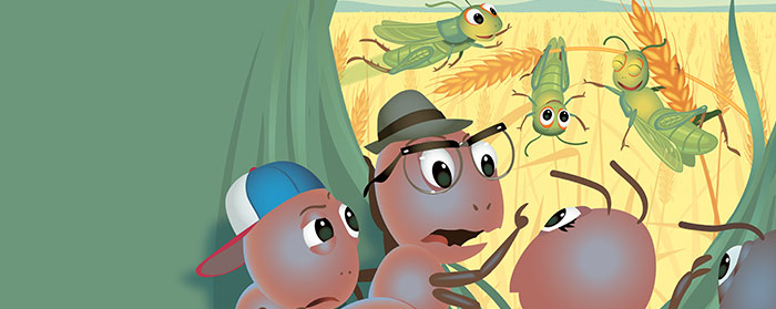 illustration of a family of ants looking suspiciously at grasshoppers