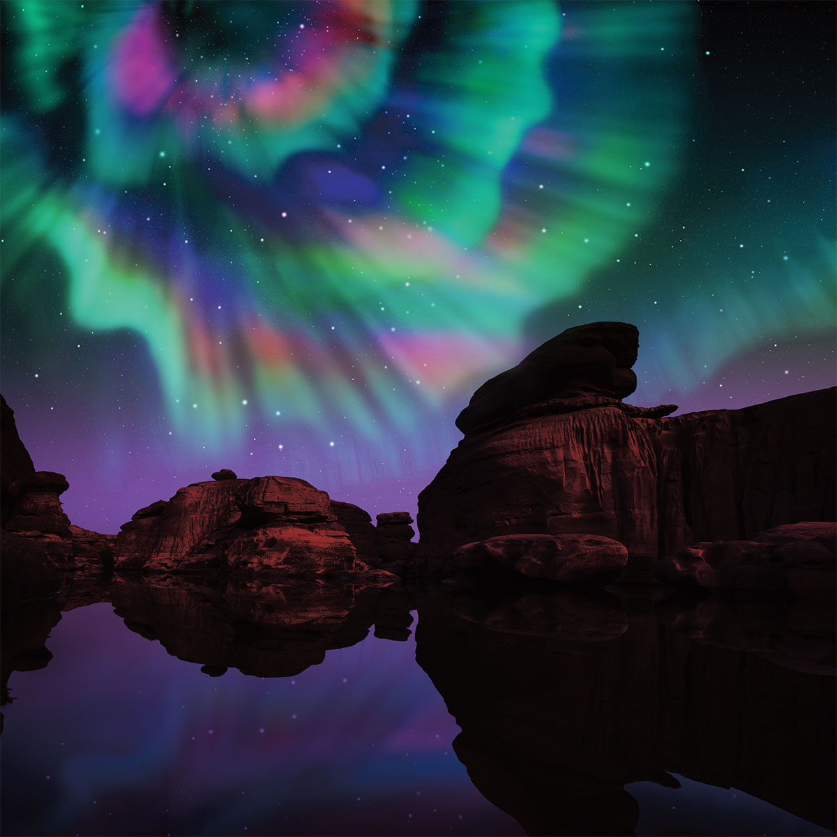 Beautiful neon lights in the sky shining over canyons and water