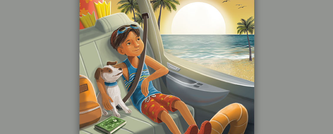 illustration of a boy and his dog in the back of a car