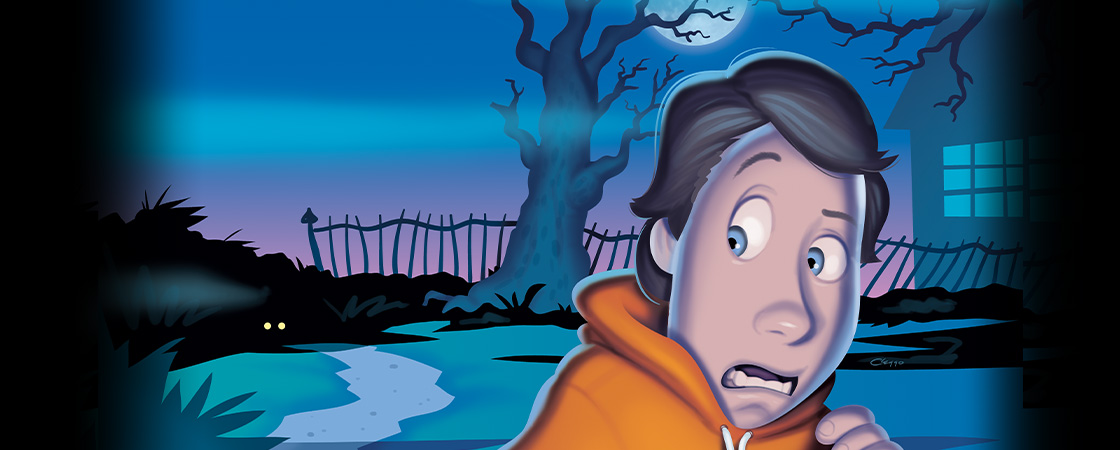 Illustration of a scared kid in a spooky backyard with a pair of yellow eyes watching