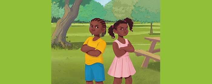 Illustration of two cousins with crossed arms and back to back wearing upset expressions