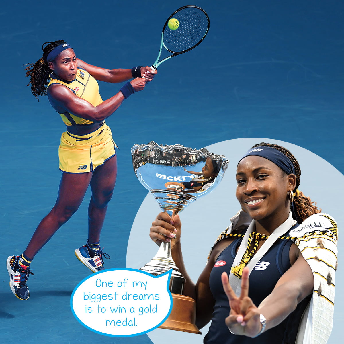 Image of an Olympic winning tennis player saying her dream was to win a gold medal