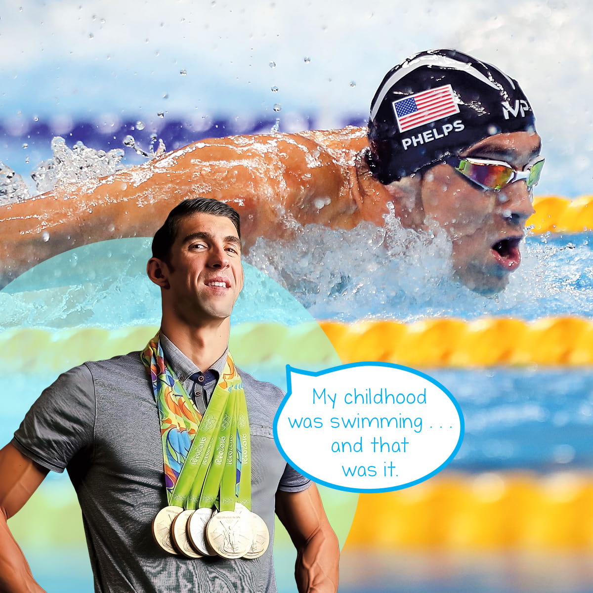 Image of Michael Phelps swimming at the Olympics and him saying his childhood was swimming