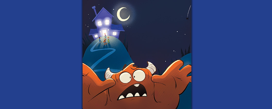 Illustration of a scared monster running away from a house