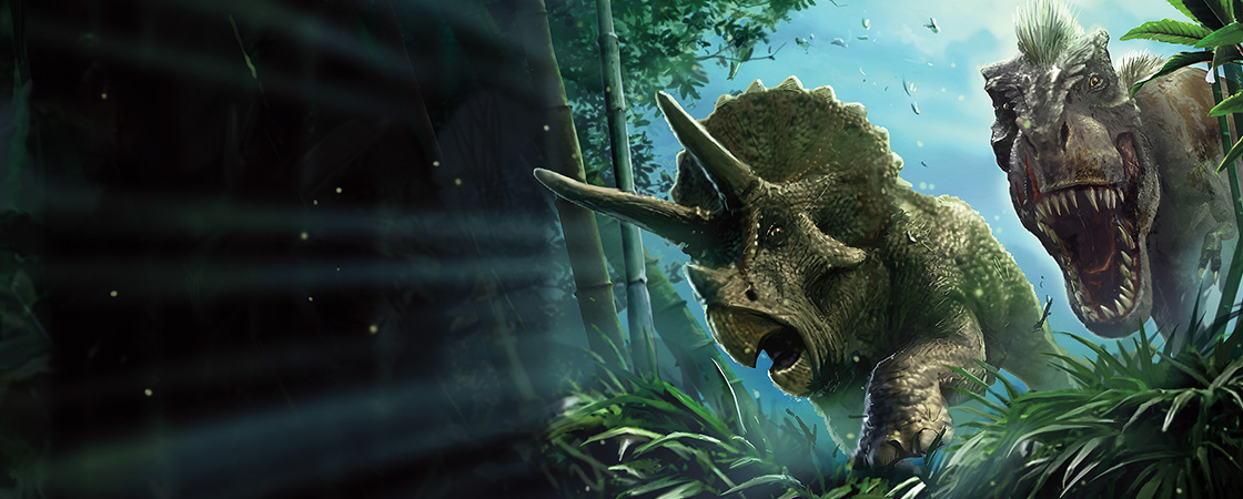 Image of Trex chasing a triceratops into a cave