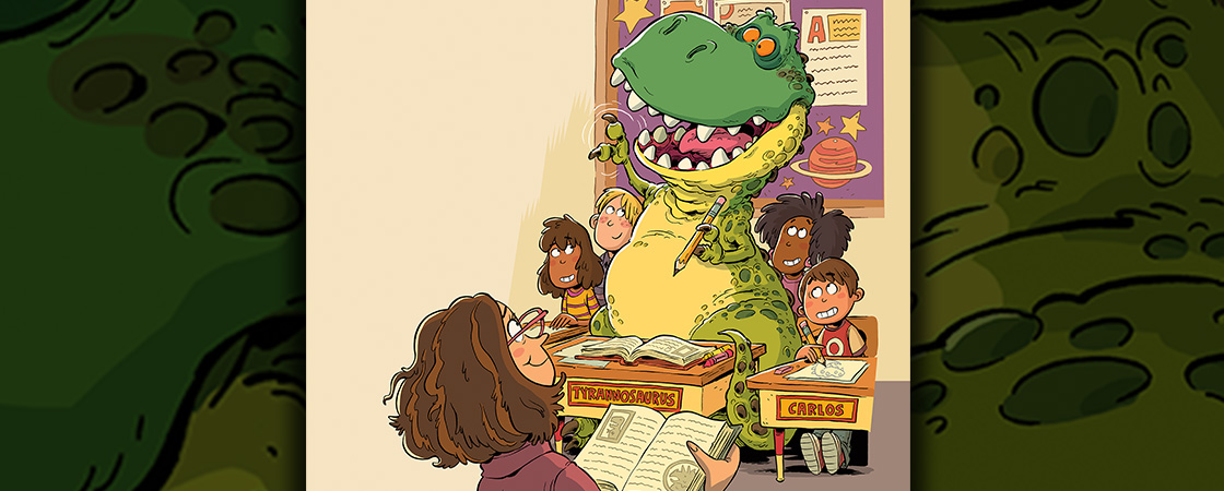 Illustration of Trex sitting at a desk in a classroom