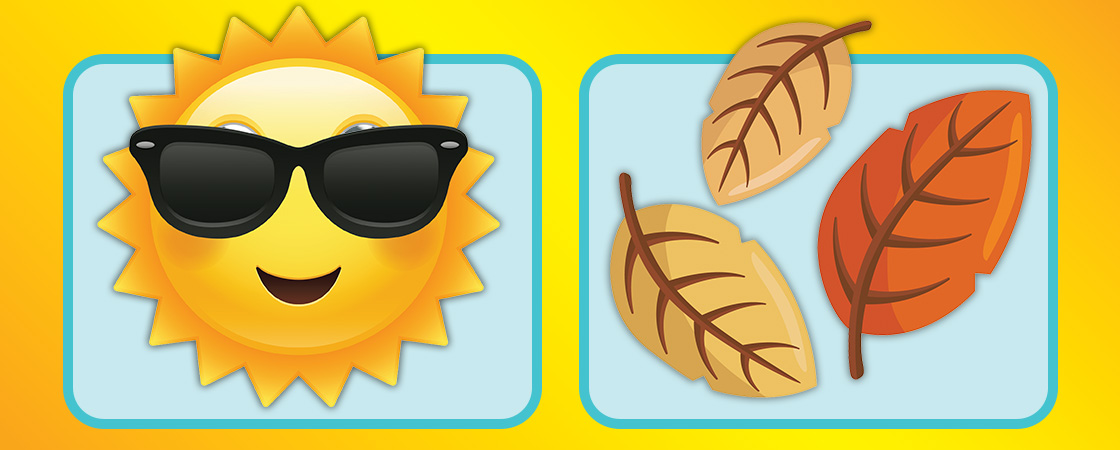 A sun with sunglasses beside three autumn leaves in tan and rust tones
