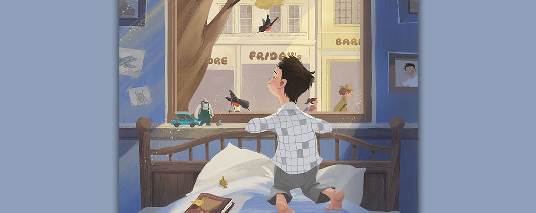 Illustration of a boy looking out his window while still in his pajamas